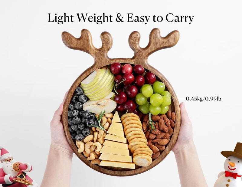 Dofira Acacia Antler Christmas Serving Platter, 12" x 15" Round Wooden Food Dish, Serving Dishes Charcuterie Board Tray for Cheese Fruit Bread, Christmas Platter for Housewarming Decro Wedding - Image 4
